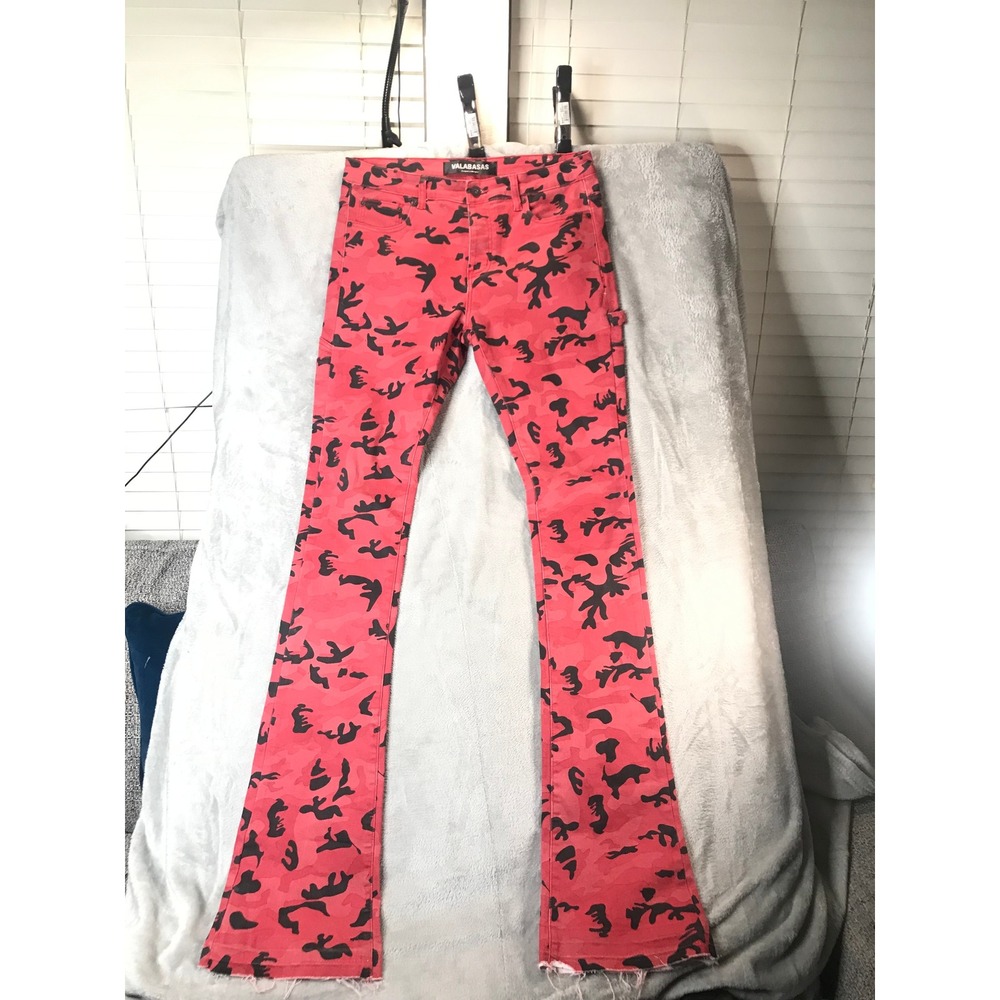 Valabasas Red Camo Carpenter Jeans Mens Flare Leg Raw Hem Streetwear Denim 35x39 - Picture 2 of 16
